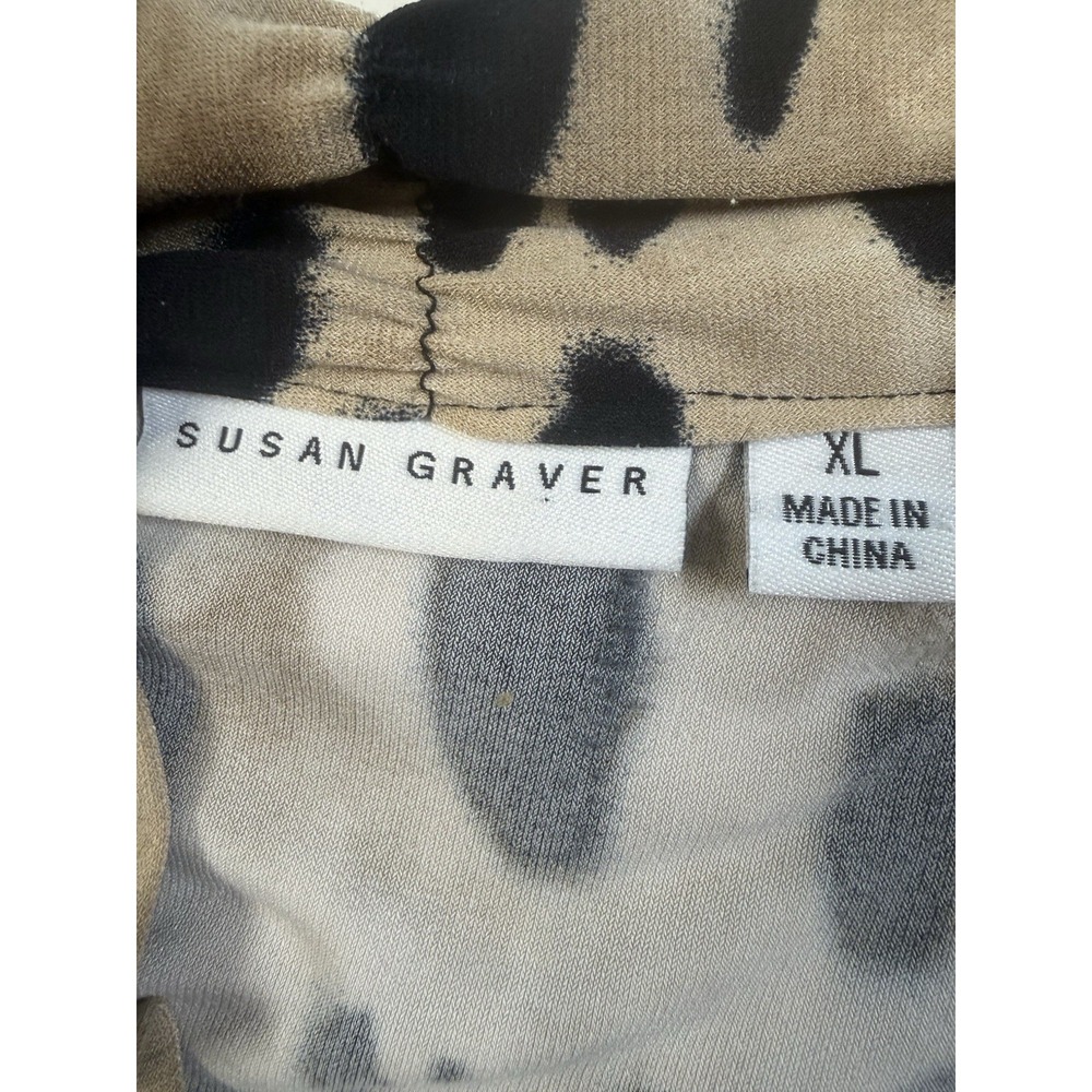 Susan Graver Liquid Knit Button-Up Blouse Womens XL Black Floral Animal Tie Neck - Picture 12 of 14
